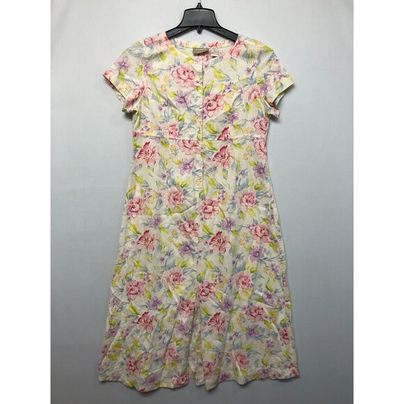 Vintage Liz Claiborne Floral Linen Button Front Dress Size 14 Petite B283 -27 - Picture 1 of 13